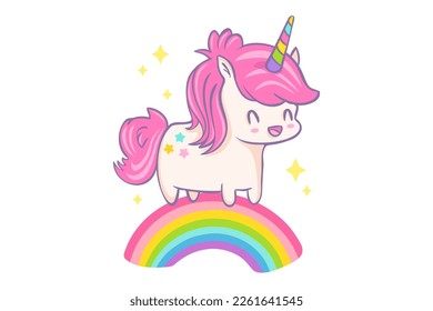 Vector greeting card with cute unicorn and rainbow in kawaii style. Vector illustration of a cute unicorn on rainbow