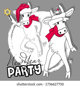 Vector greeting card with dancing cow santa claus. Postcard for your greeting text or invitation. New Year's dance party.