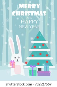 Vector Greeting card dedicated to Christmas and New Year with cute rabbit holding giftboxes at fir tree.