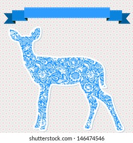 Vector greeting card with deer, blue ribbon for your text on polka dot pattern. Deer silhouette decorated with floral pattern.