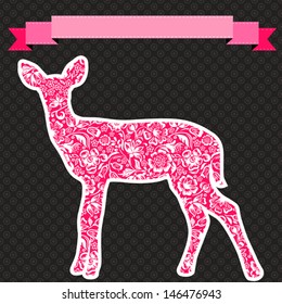 Vector greeting card with deer illustration, pink ribbon for your text on polka dot pattern. Deer silhouette decorated with floral pattern.