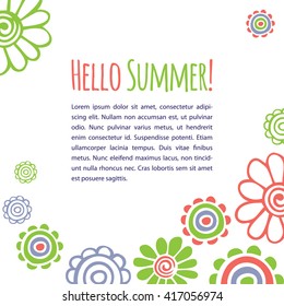 Vector greeting card. Delicate flowers hand painted on white background and sample text. Colorful doodle.