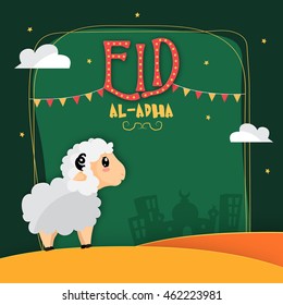 Vector greeting card design with cute Baby Sheep in front of Mosque on Desert background for Muslim Community, Festival of Sacrifice, Eid-Al-Adha Mubarak.