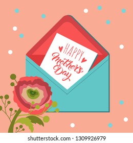 Vector greeting card design for happy mother's day. Flower and card in envelope. Gentle pastel colors, minimalistic design.