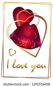 
Vector greeting card design with heart. Lips and  heart on a greeting card. Greeting Card Happy Valentine's Day.