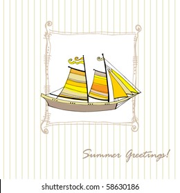 vector greeting card design with illustrated cute sailing boat | eps8