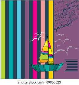 vector greeting card design with illustrated cute sailing boat | eps8