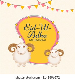 Vector greeting card design with illustration of happy sheep character decorated with bunting flag for Eid-Ul-Adha (Festival of Sacrifice) celebration.