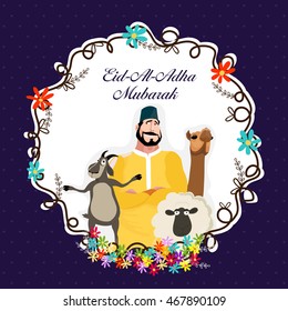 Vector greeting card design with illustration of a Butcher and Animals in a Frame for Muslim Community, Festival of Sacrifice, Eid-Al-Adha Mubarak.