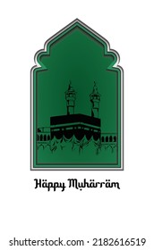 Vector greeting card design with Kabah illustration and the green color as background to celebrate Muharram.