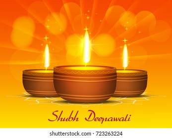Vector greeting card design with shiny background or realistic Diya,floral for the celebration of Indian Festival of Lights,Happy Diwali(Shubh Deepawali).