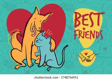 Vector greeting card with dog and cat in love. Cute characters show great friendship, best friends.