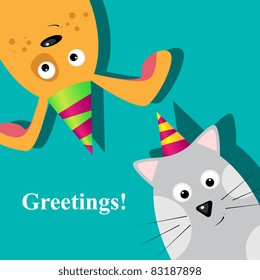 Vector greeting card with dog and cat