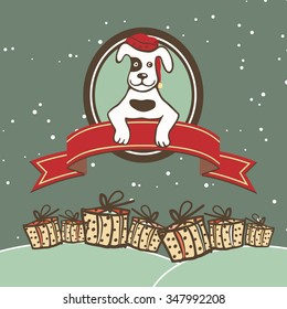 Vector greeting card with a dog in Santa hats, banners and ribbons of red Christmas gifts in the snow. Eps-8.