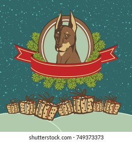 Vector greeting card with a dog in Santa hats, banners and ribbons of red Christmas gifts in the snow. Eps-8.