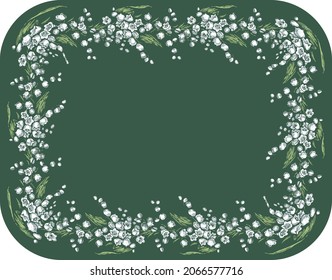 Vector greeting card with drawn border from delicate lilies of valley on green backdrop