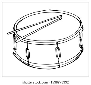 Vector greeting card with drum. Cartoon monochrome isolated objects on a white background. Linear hand drawn illustration.