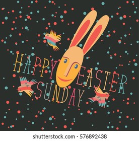 vector greeting card for Easter with birds and head rabbit