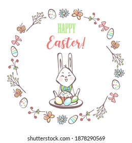 Vector greeting card with Easter bunny, Easter cake and Easter eggs in a round frame of floral elements and Easter eggs.