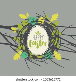 Vector greeting card with Easter egg in birds nest on a tree branch with inscription Happy Easter in retro style