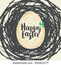 Vector greeting card with Easter egg in birds nest with inscription Happy Easter in retro style