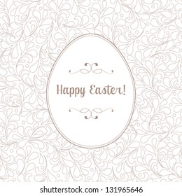 Vector greeting card with Easter egg symbol and ornate floral background.