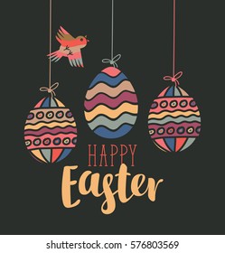 vector greeting card with Easter eggs and bird, cut from paper