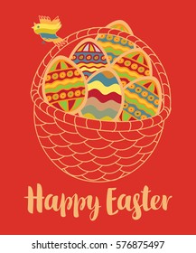 vector greeting card with Easter eggs in the basket and bird,