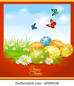 vector greeting card for Easter with Easter eggs and greens