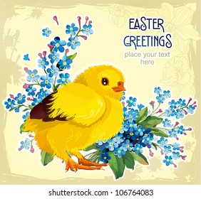 Vector greeting card for Easter. Funny chickens and blooming flowers on a light background. Elegance background.