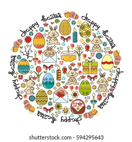 Vector Greeting card with Easter icon and handwritten word Happy Easter isolated on white background.