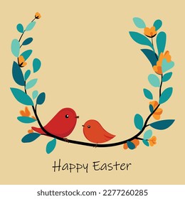 Vector greeting card for Easter with the image of two small red birds that sit on branches with leaves and yellow flowers. The image has space for a personal message, perfect for sending warm wishes.