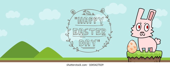 Vector Greeting card with Easter rabbit for timeline website design. Funny bunny character concept . Easter Bunny cute character design.