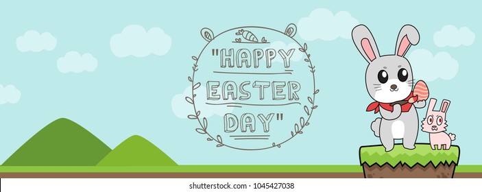 Vector Greeting card with Easter rabbit for timeline website design. Funny bunny character concept . Easter Bunny cute character design.