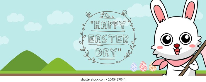 Vector Greeting card with Easter rabbit for timeline website design. Funny bunny character concept . Easter Bunny cute character design.