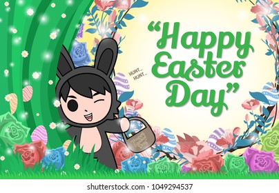 Vector Greeting card with Easter rabbit for timeline website design. Funny bunny character concept . Easter Bunny cute character design with copy space for text.