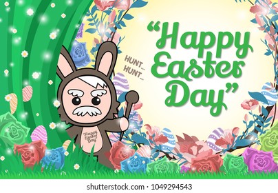 Vector Greeting card with Easter rabbit for timeline website design. Funny bunny character concept . Easter Bunny cute character design with copy space for text.