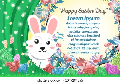 Vector Greeting card with Easter rabbit for timeline website design. Funny bunny character concept . Easter Bunny cute character design with copy space for text.