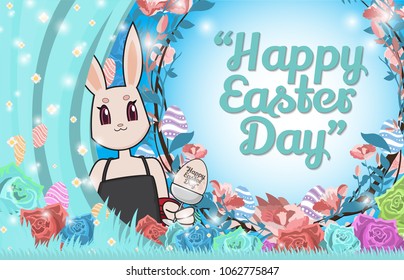 Vector Greeting card with Easter rabbit for timeline website design. Funny bunny character concept . Easter Bunny cute character design. with copy space for text.