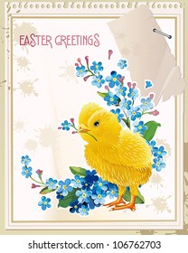 Vector greeting card for Easter. Yellow small chicken, vector illustration. Abstract Elegance retro background.