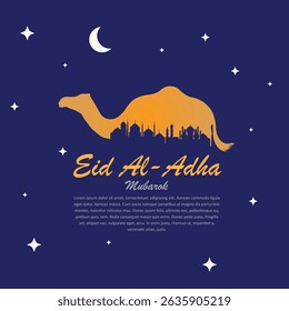 Cartão de saudação vetorial para Eid Al-Adha com camelo, silhueta de mesquita, lua e estrelas em um fundo noturno. Perfeito para projetos de feriados islâmicos.