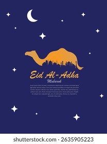 Vector greeting card for Eid Al-Adha with camel, mosque silhouette, moon, and stars on a night background. Perfect for Islamic holiday designs.