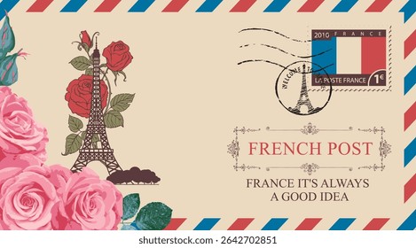 Vector greeting card with Eiffel Tower in Paris, France. Or vintage postal envelope with roses and words French post. Valentine's Day. Travel agency banner. No AI used
