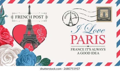 Cartão de saudação vetorial com a Torre Eiffel em Paris, França. Ou envelope postal vintage com rosas, sinal de coração e palavras escola francesa. Dia dos Namorados. Banner da agência de viagens. Nenhuma IA usada