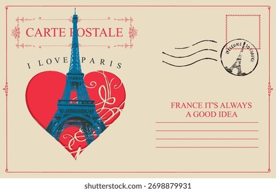 Vector greeting card with Eiffel Tower,  France. Or vintage postal envelope with heart sign and words i love Paris. French school. Valentine's Day. Travel agency banner. No AI used