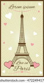 Vector greeting card with eiffel tower. Famous architecture statue illustration