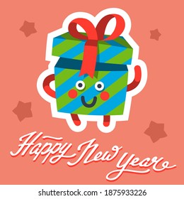 Vector greeting card emoticon icon for winter holiday. Emoji emoticon Happy New Year gift card. Emotion merry Christmas funny gift. Xmas sticker icon. Flat cartoon style.
