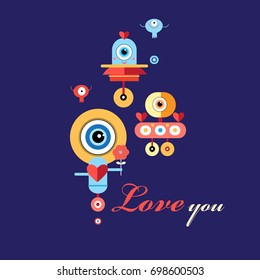 Vector greeting card with enamored robots on a blue background