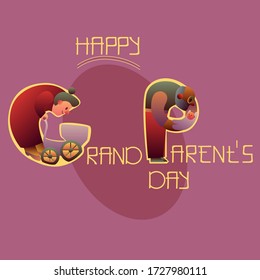 Vector greeting card with family holidays for Grandparents Day, Grandfather and Grandmother Celebrate Purple color Blue color 