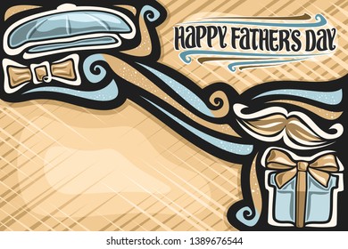 Vector greeting card for Father's Day, decorative frame with lettering for headline, brown blank space for wishes, illustration of mens accessories, fun hipster typeface for words happy father's day.